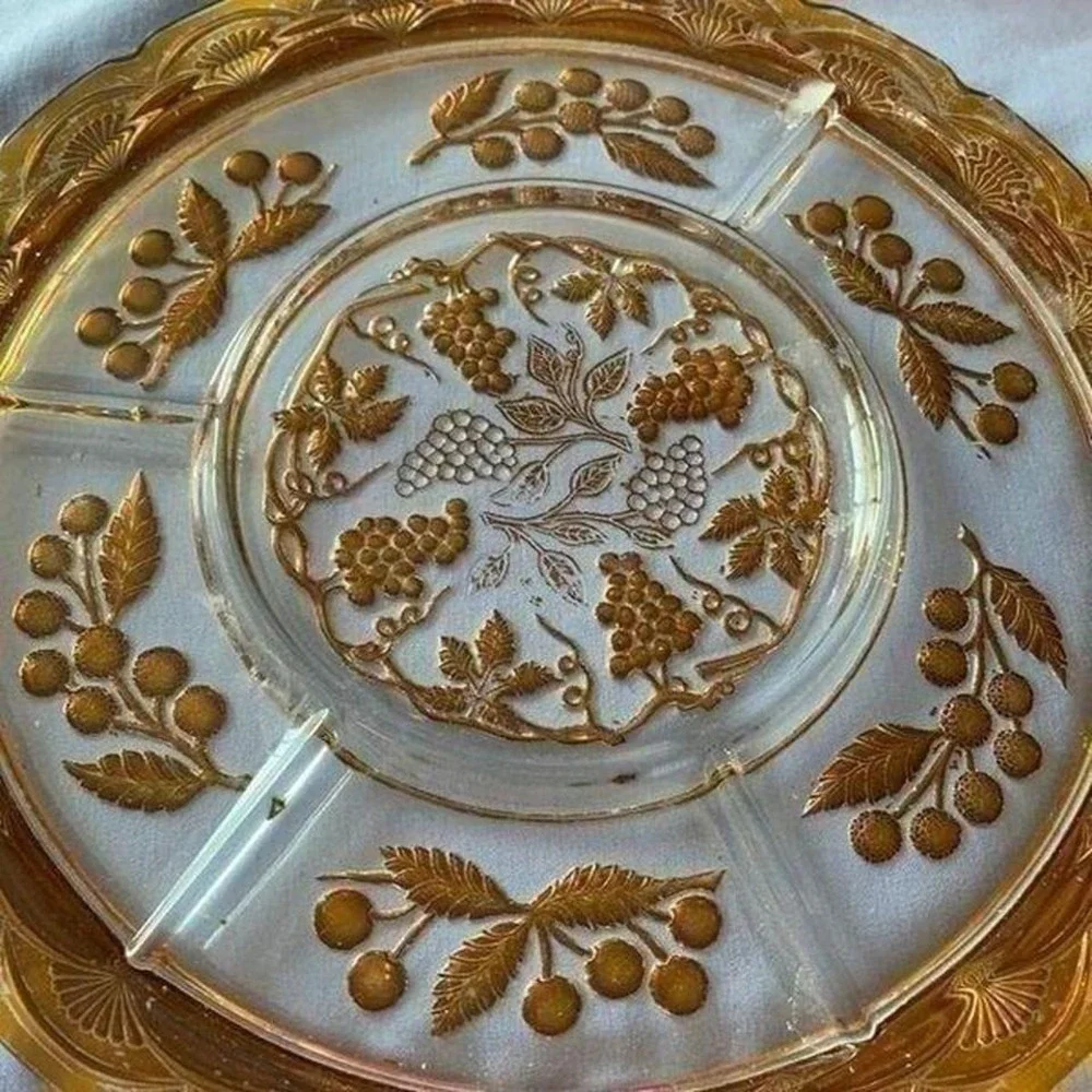 Antique 1930s (?) Holiday Sectioned Serving‎ Platter Etched Grapes Painted Glass